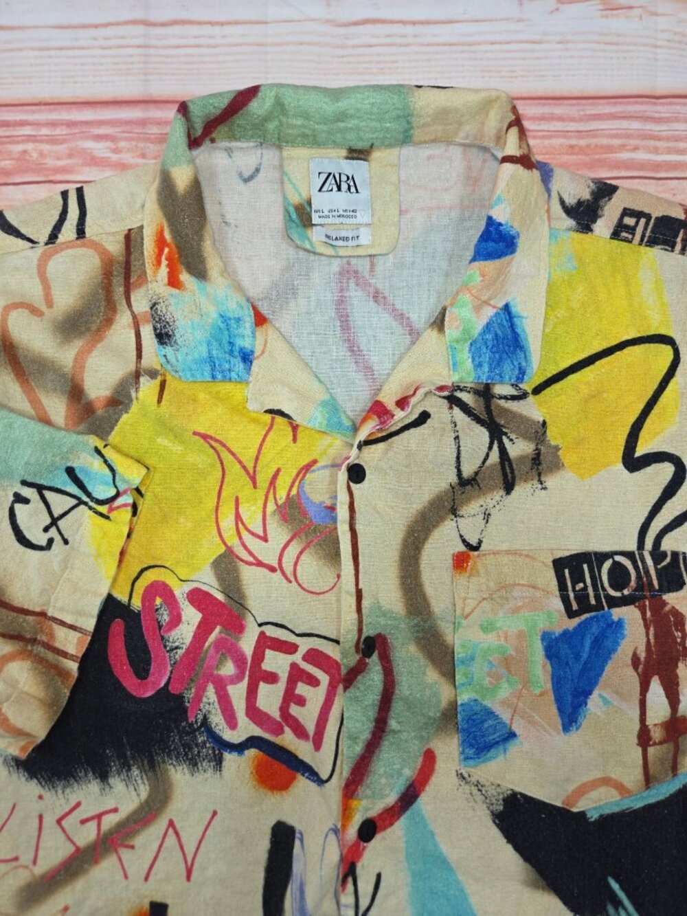 Zara Graffiti Print Linen-Blend Short Sleeve Shirt Large